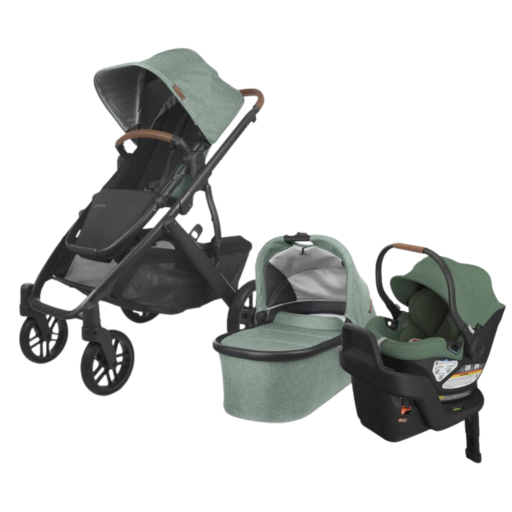 a baby stroller and a baby carrier